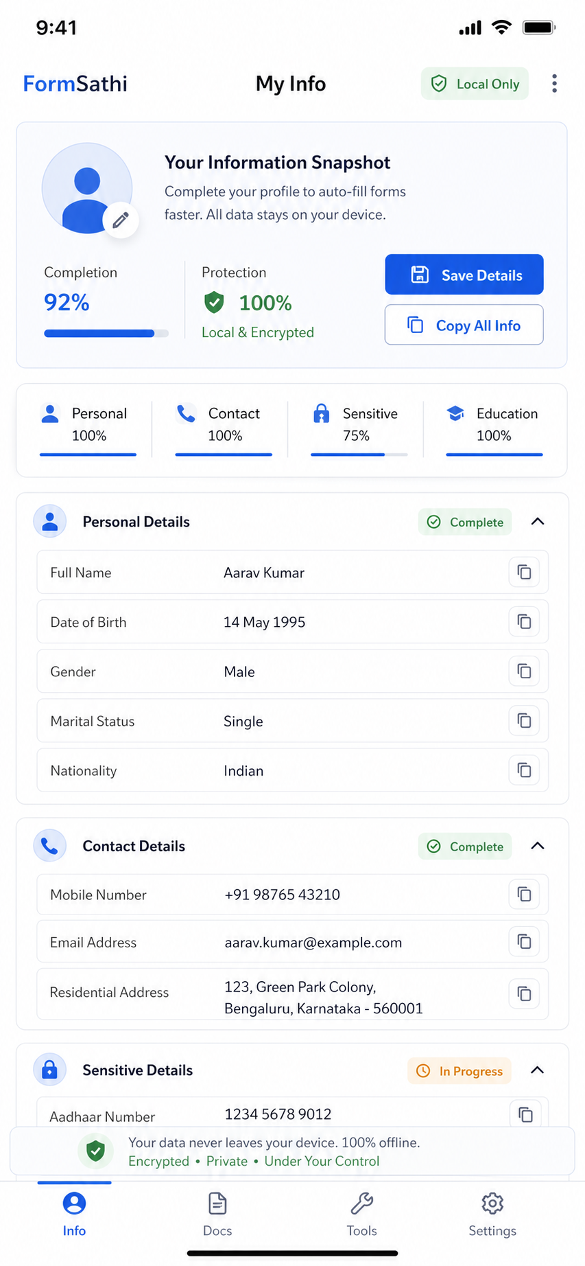 FormSathi Android app screen for saved form details, copy actions, and local privacy status.